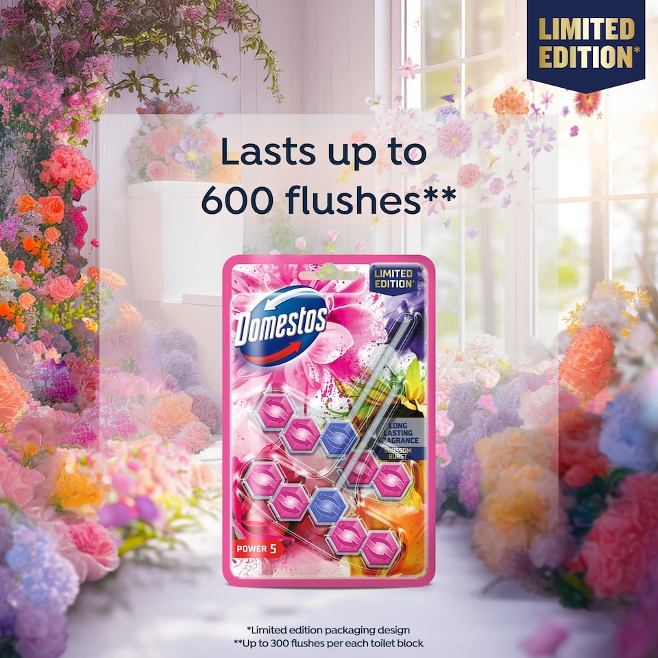 image 1 of Domestos Power 5 Toilet Rim Block Blossom Burst 2x50g