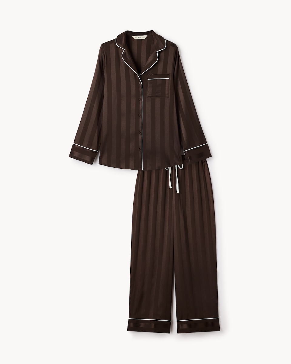 image 1 of F&F CoolEase™ Satin Striped Pyjama Set in Chocolate