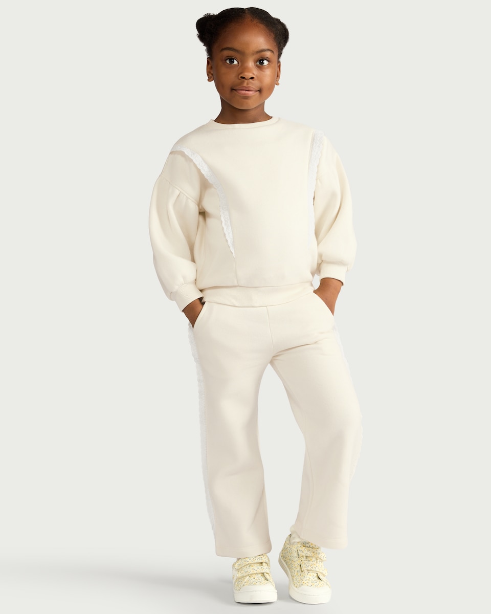 image 1 of F&F Girls 2-Piece Cotton Rich Lace Trim Sweatshirt and Joggers Set in Cream