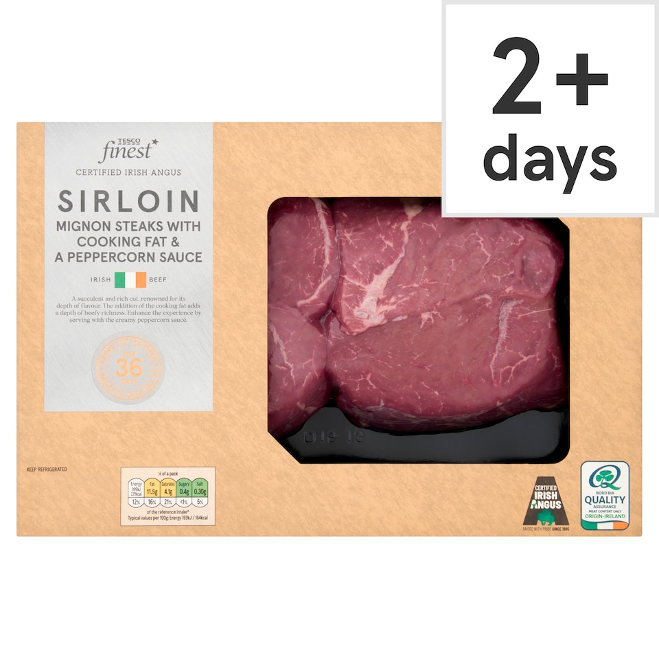 Tesco Finest Certified Irish Angus Sirloin Mignon Steaks with cooking fat & a peppercorn sauce 663g
