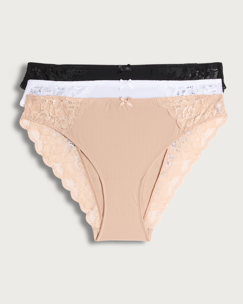F&F 3-Pack High Leg Lace Trim Ribbed Knickers in Black