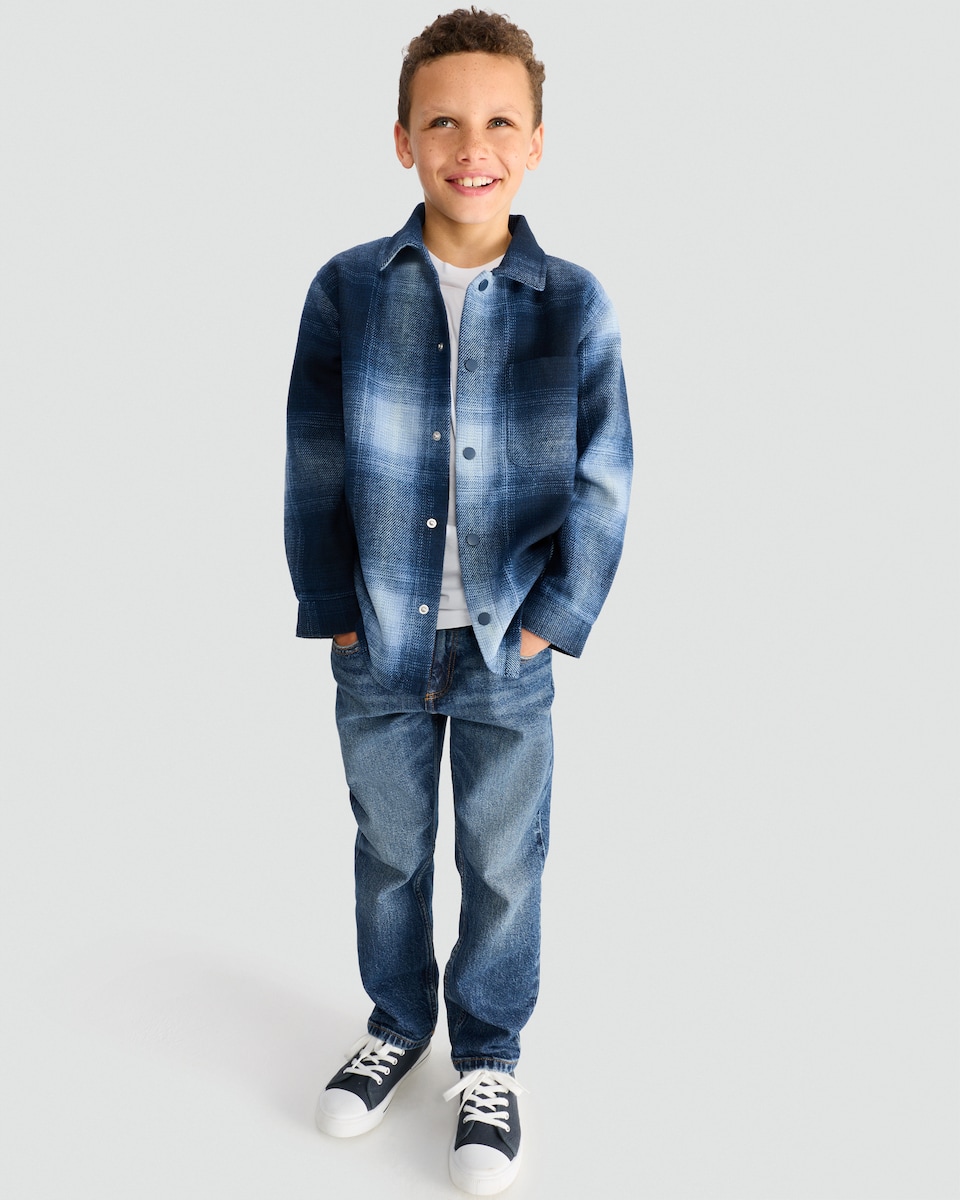 image 1 of F&F Boys Check Print Pocket Front Shacket in Blue