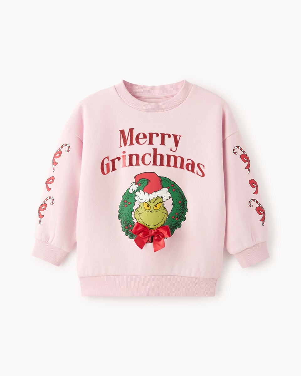 image 1 of Grinch Cotton Rich Christmas Print Sweatshirt in Pink
