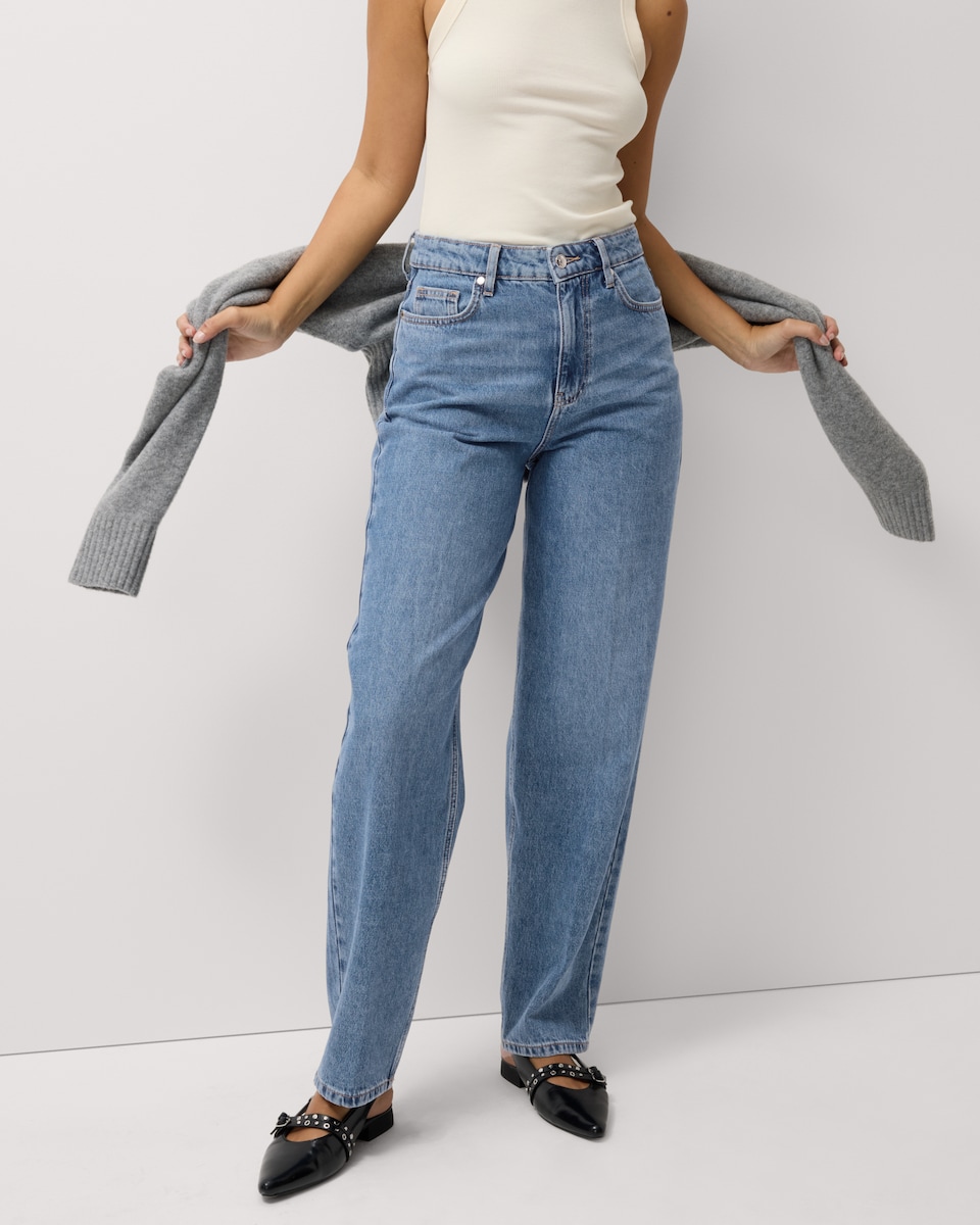 image 1 of F&F Crease Front Barrel Leg Jeans in Navy