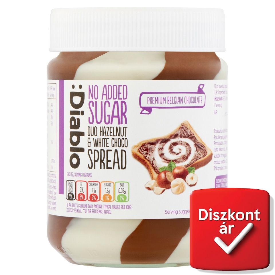 Diablo mogyoró és fehércsokoládé krém hozzáadott cukor nélkül, édesítőszerrel 350 g