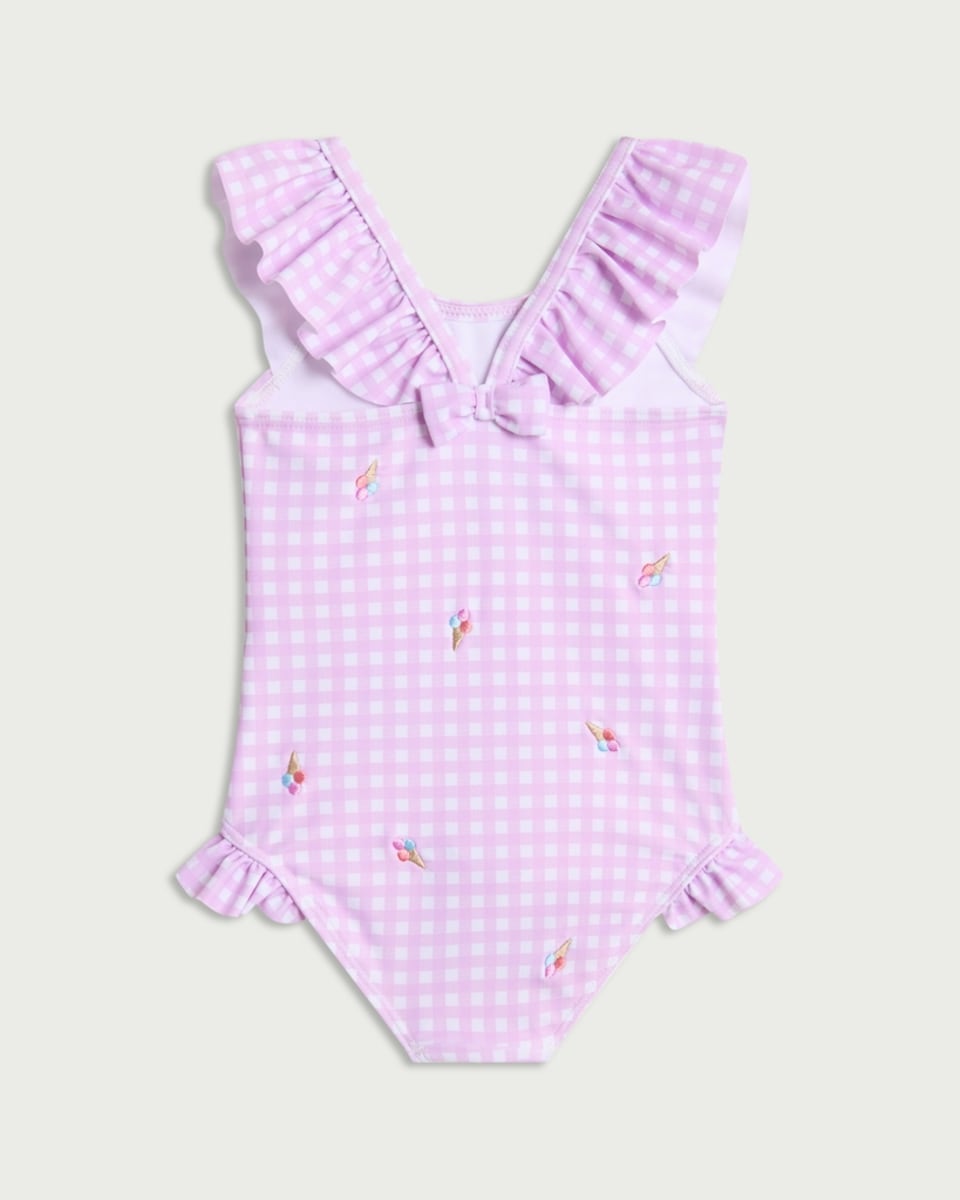 image 1 of F&F Baby Gingham Ice Cream Print Bow Back Swimsuit in Lilac