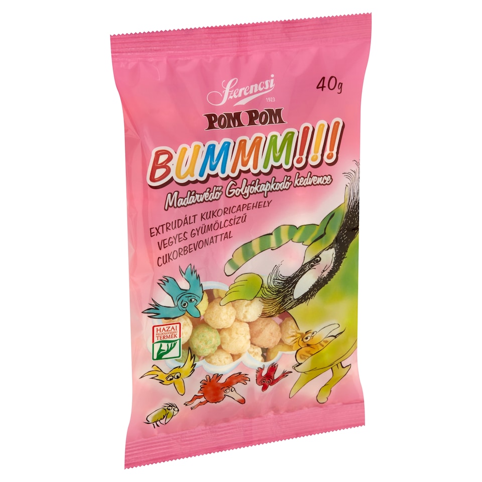 Szerencsi Pom Pom Bummm!!! Extruded Cornflakes with Mixed Fruit Flavored Sugar Coating 40 g