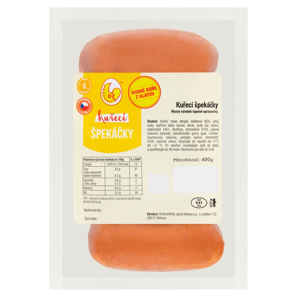 Obrázek 1 pro produkt DZ Klatovy Kuřecí špekáčky 400g