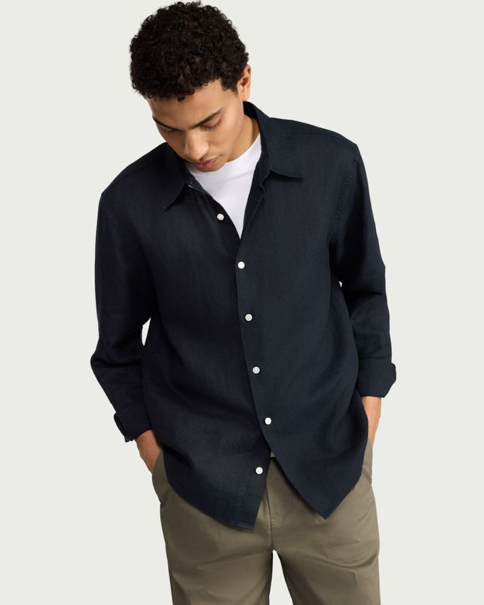image 1 of F&F Pure Linen Button Up Shirt in Navy