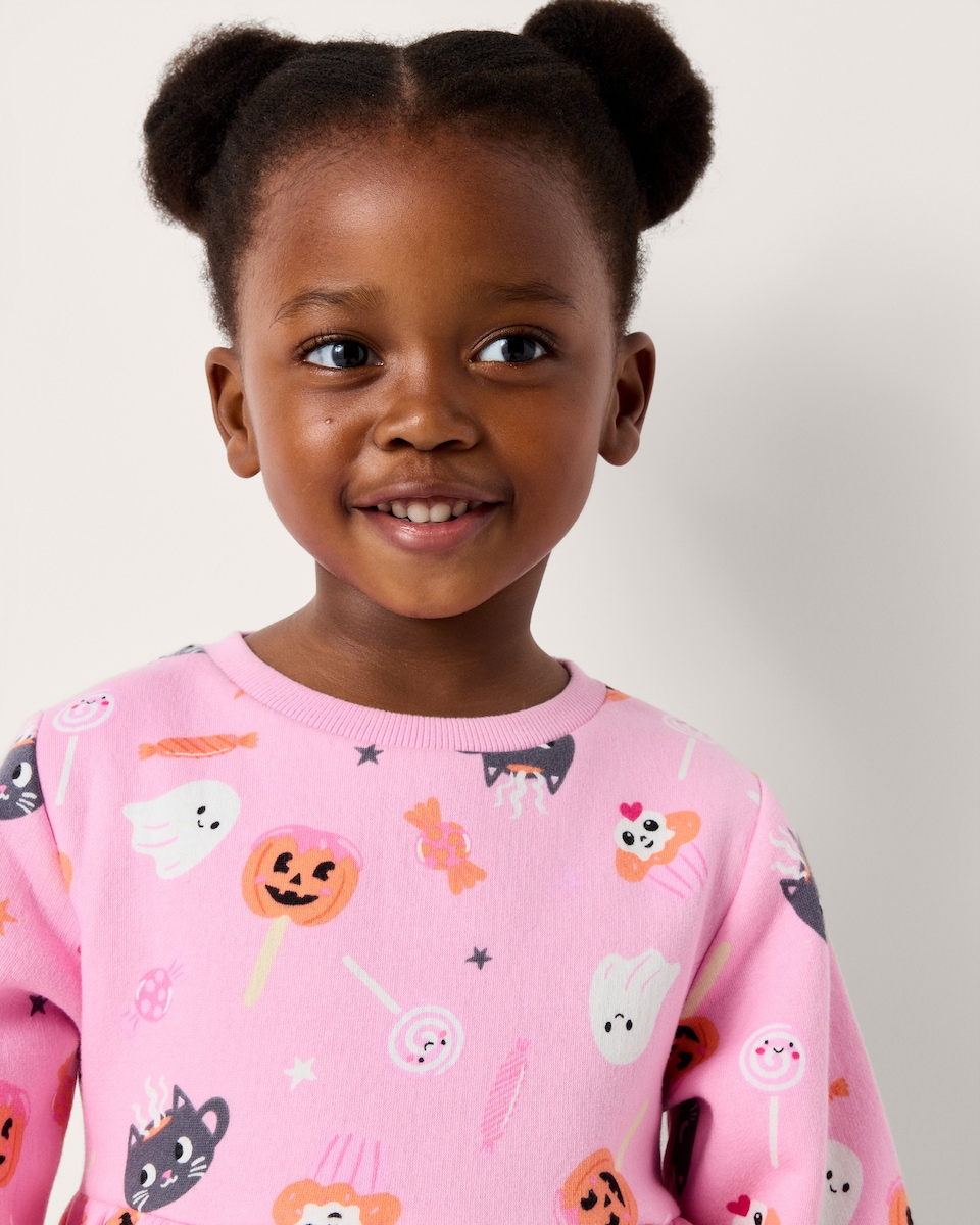 image 1 of F&F Girls Cotton Rich Halloween Print Sweat Dress in Multi Pink