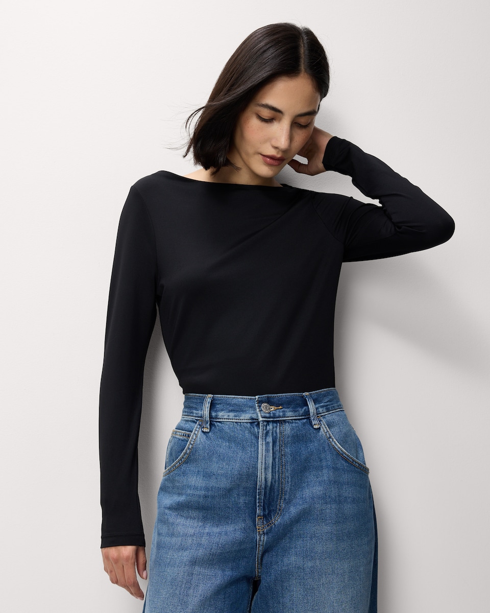 image 1 of F&F Polyamide Slash Neck Top in Black