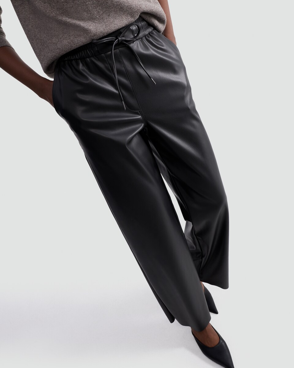 image 1 of The F&F Edit Faux Leather Wide Leg Drawstring Joggers in Black
