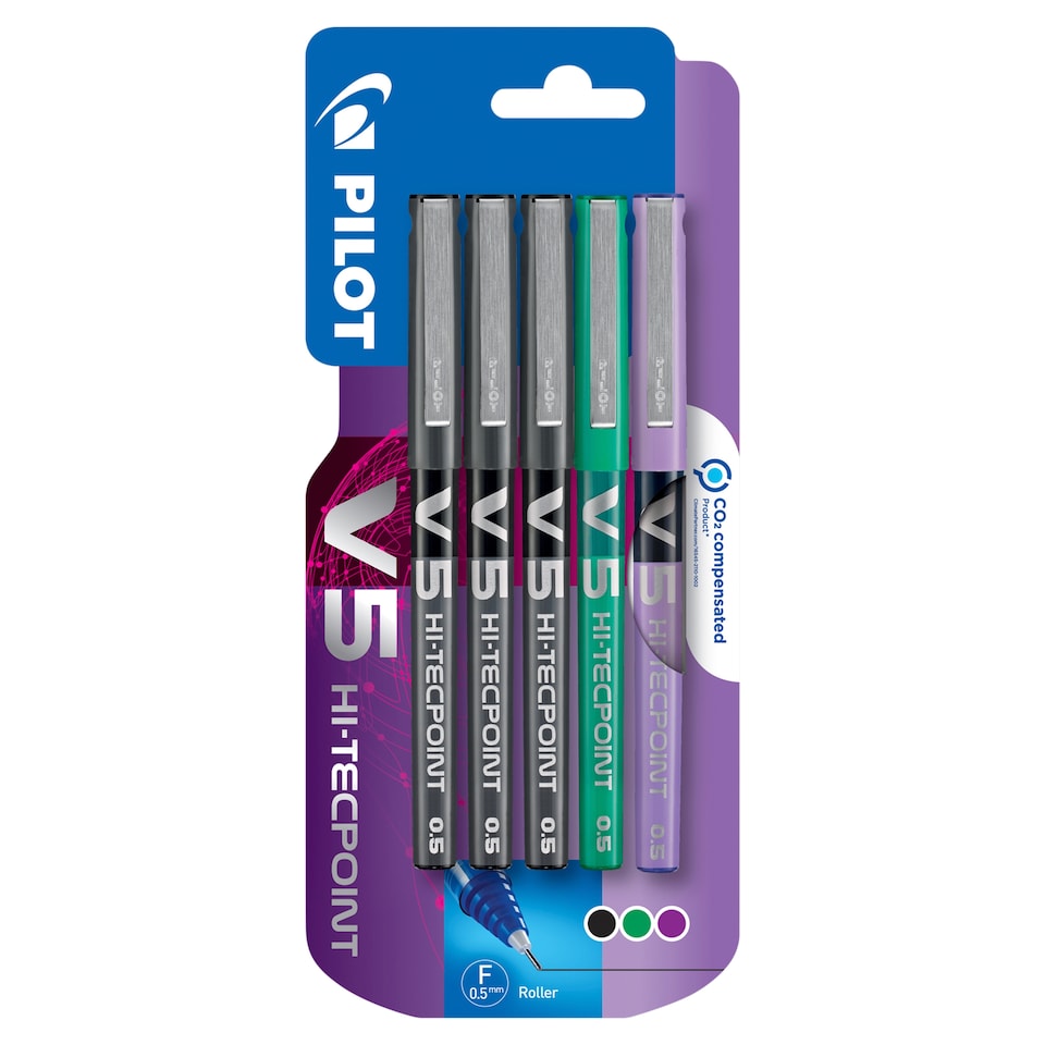 Pilot V5 Rollerball Black Green Violet 5 Pack