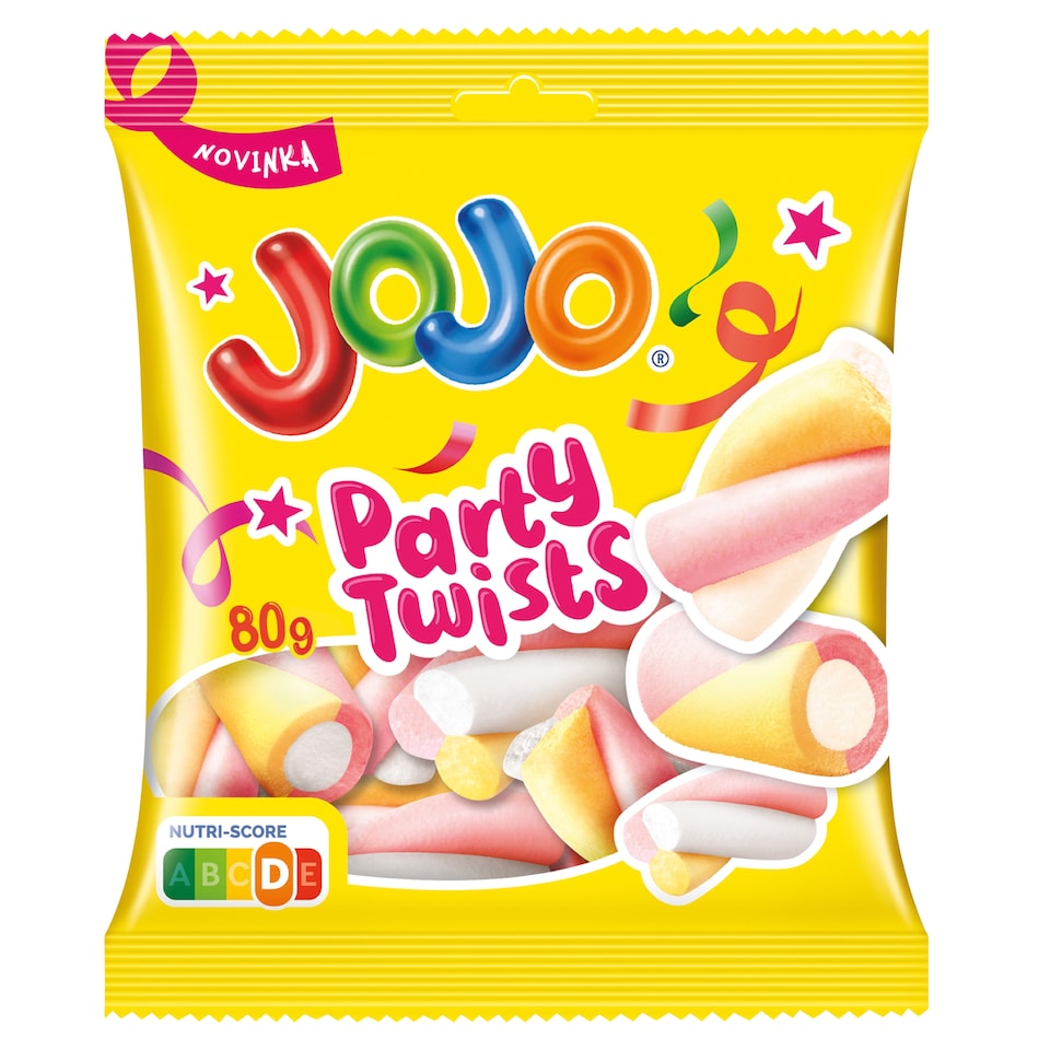 JOJO Party Twist penové cukríky s príchuťou zmrzliny, broskýň a čučoriedok 80 g