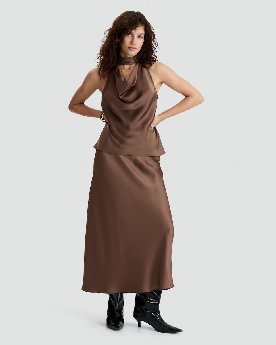 image 1 of The F&F Edit Satin High Cowl Neck Sleeveless Blouse in Brown