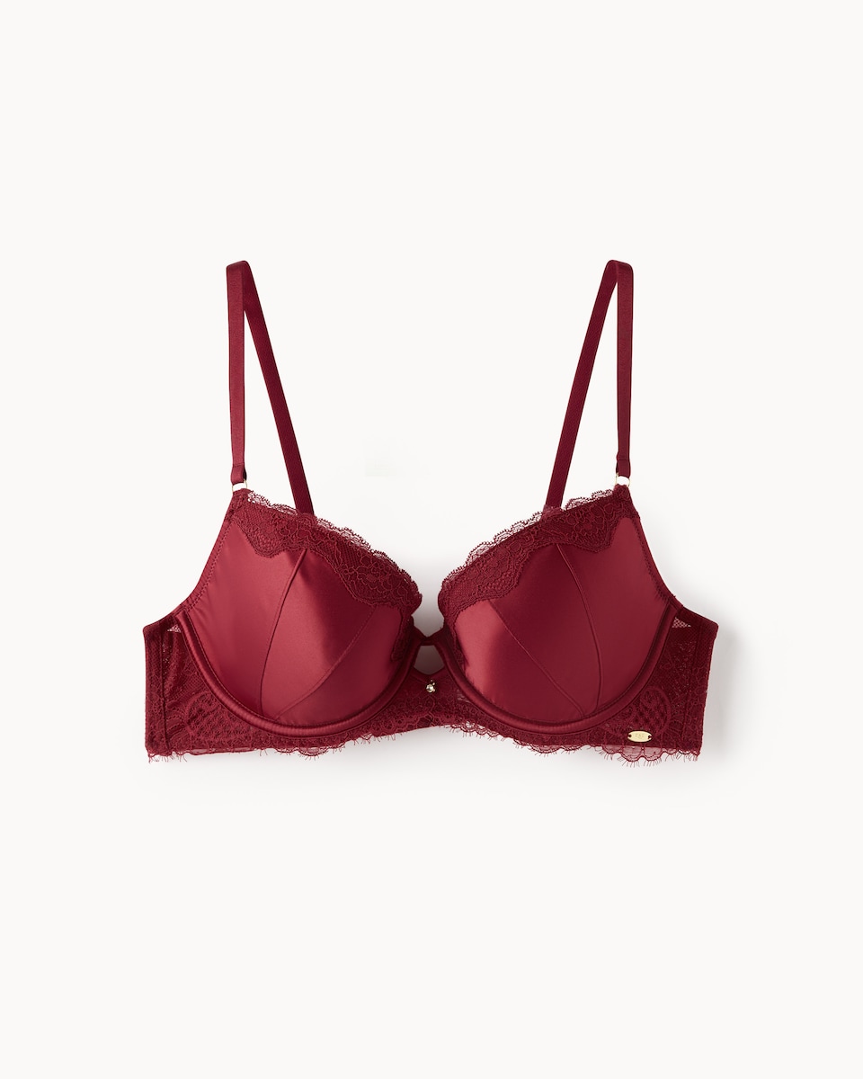 image 1 of F&F Satin Lace Trim Wired Plunge Bra in Red