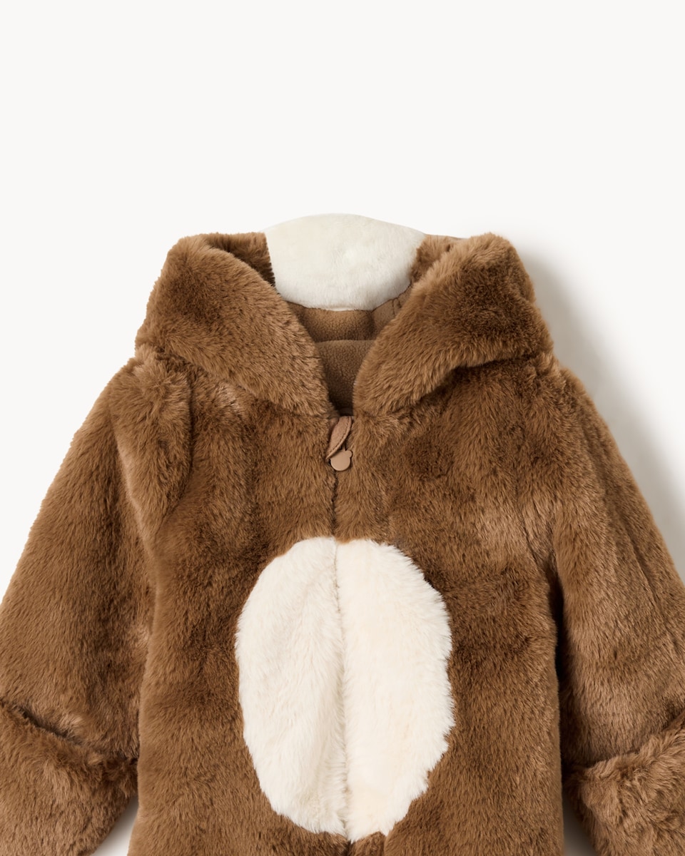 image 1 of F&F Baby Faux Fur Bear Hooded Pramsuit in Brown
