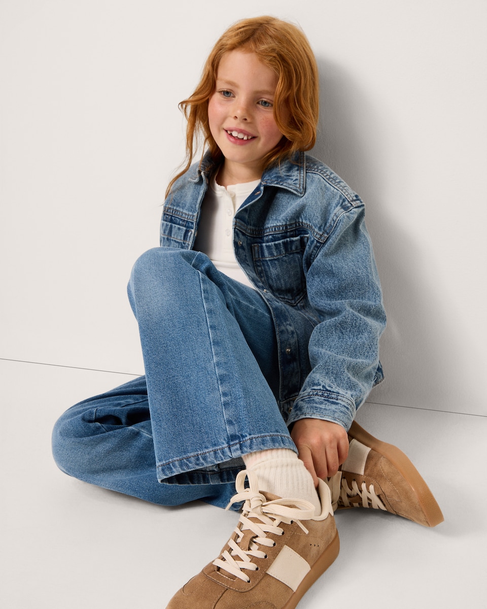 image 1 of F&F Girls Pure Cotton Wide Leg Jeans in Blue
