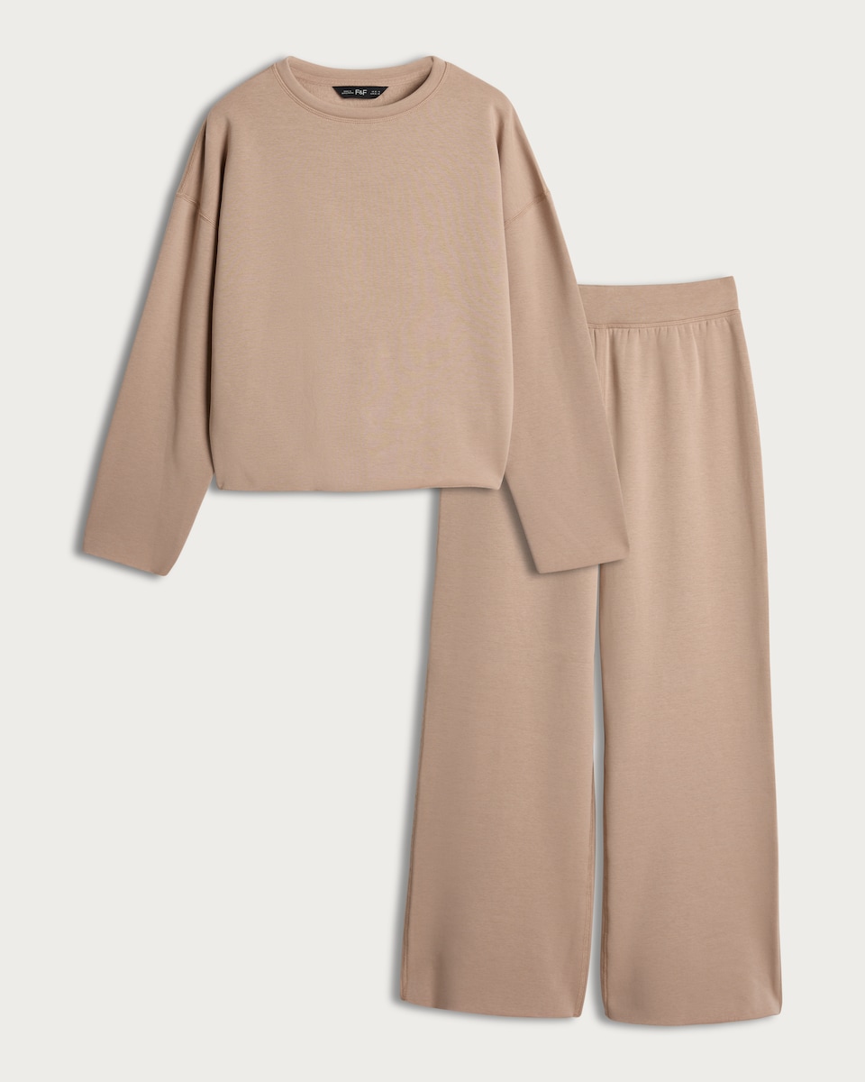 image 1 of The F&F Edit Cotton Blend Top and Wide Leg Joggers Pyjamas in Brown