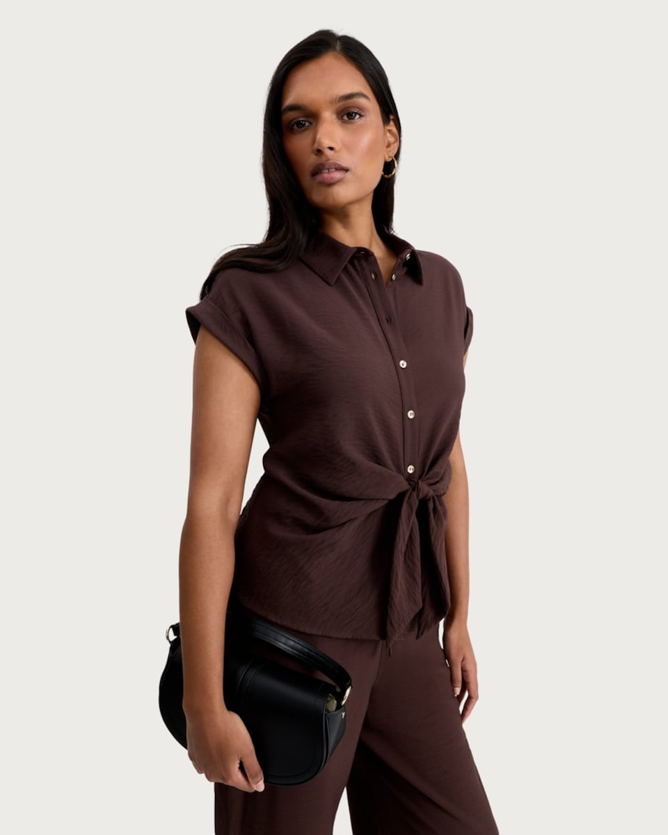 image 1 of F&F Knot Front Button Up Co-ord Blouse in Brown