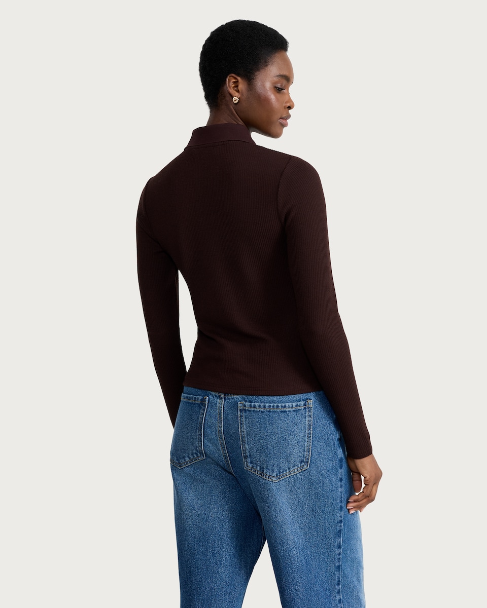 image 1 of F&F Ribbed Keyhole Long Sleeved Top in Chocolate