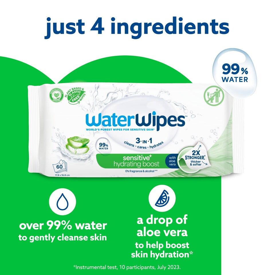 image 1 of WaterWipes Biodegradable Sensitive Hydrating Baby Wipes 6 pack 60 Wipes