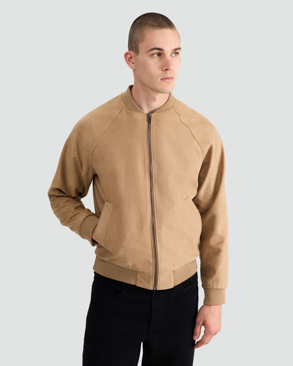 image 1 of The F&F Edit Faux Suede Zip Front Bomber Jacket in Tobacco