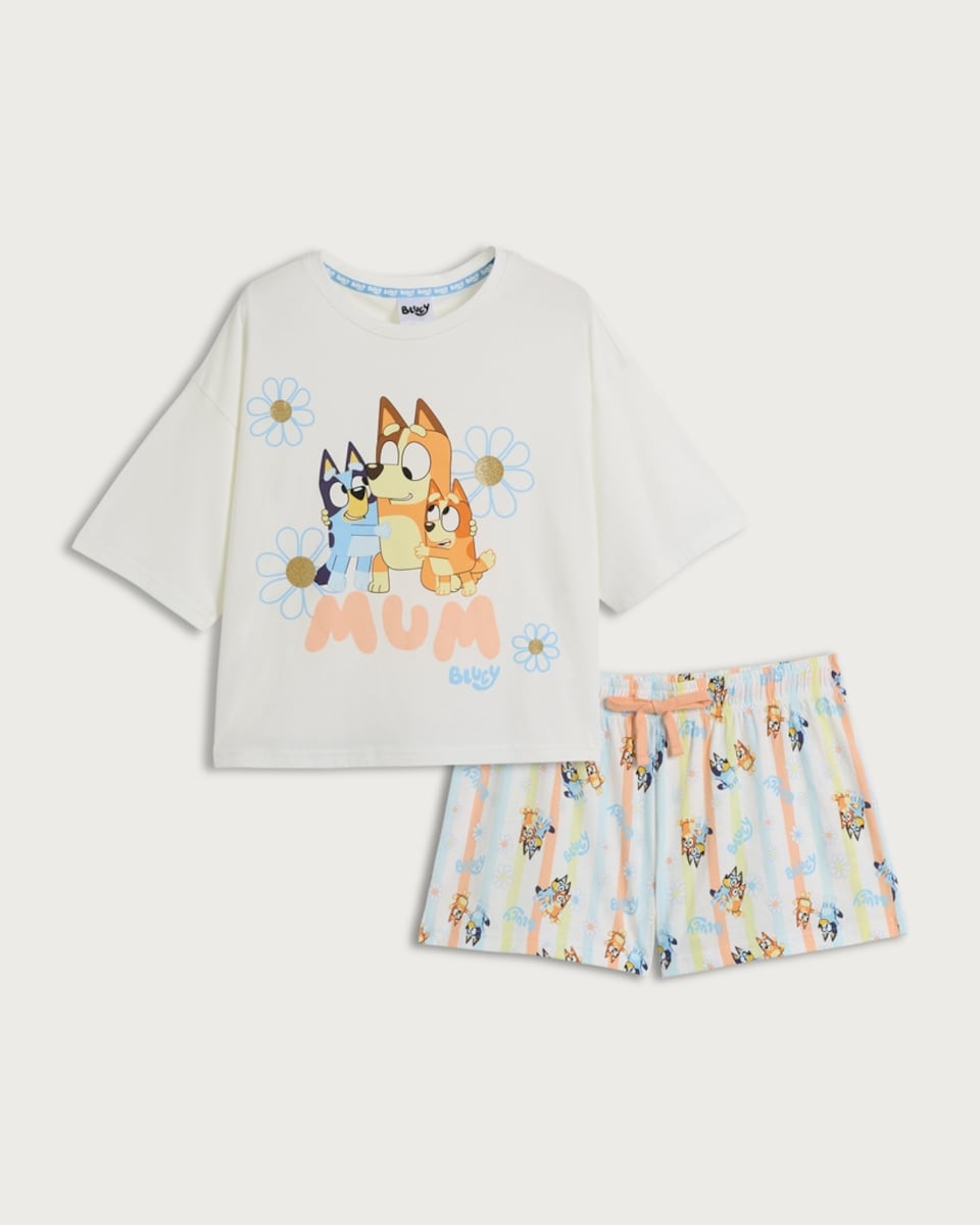 image 1 of Bluey Pure Cotton Mum Print Pyjama Set in Multi Blue