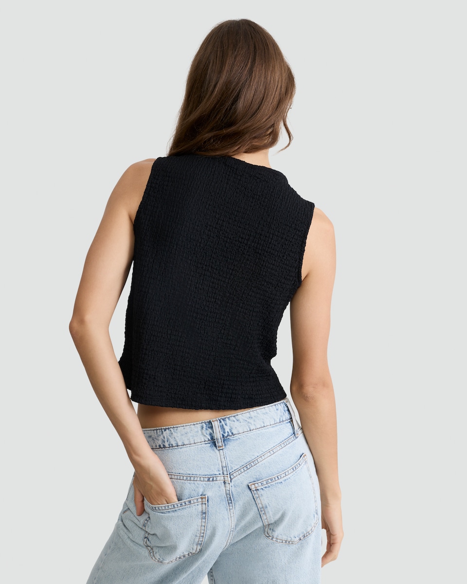 image 1 of F&F Crinkle Textured Button Front Sleeveless Co-ord Top in Black