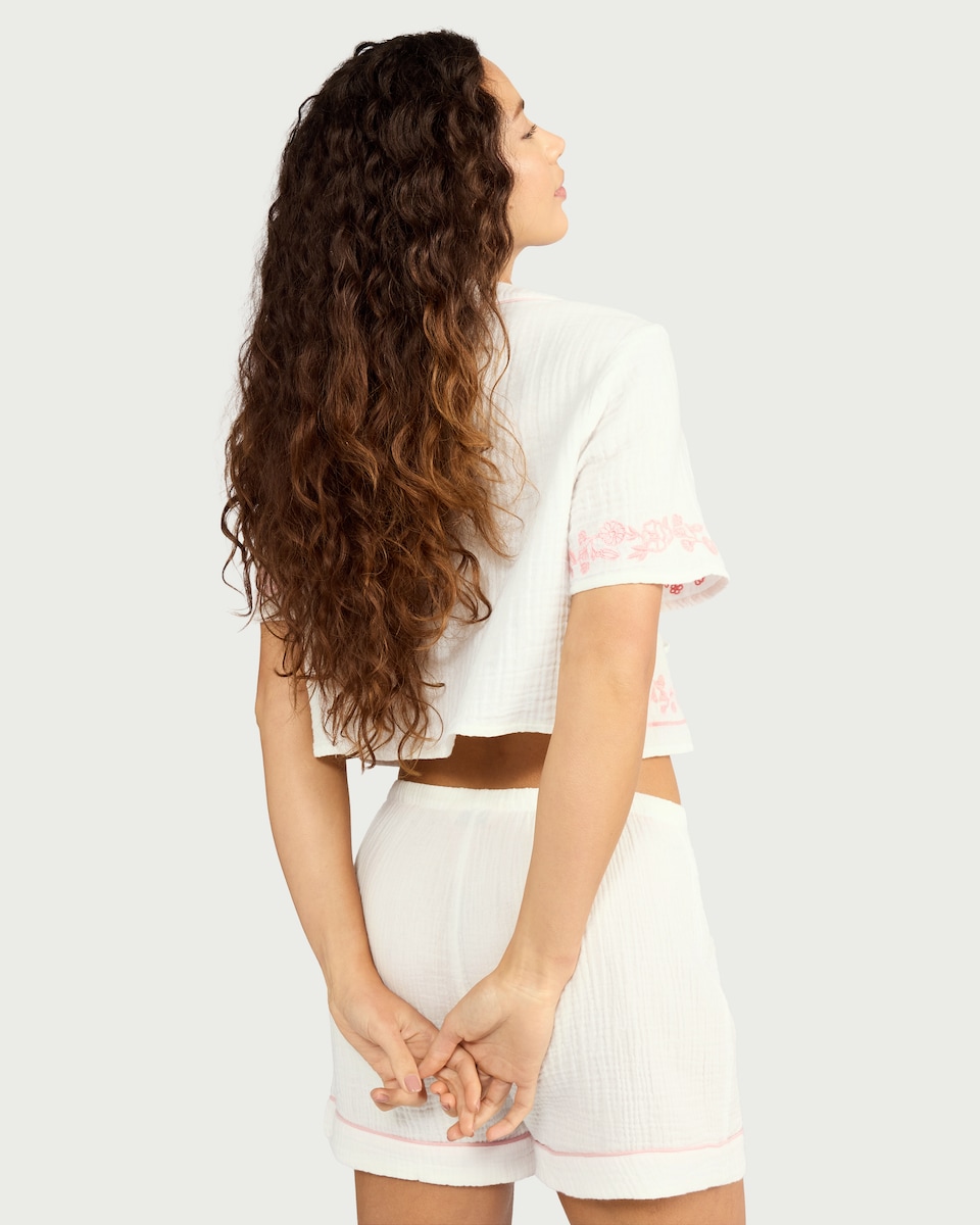 image 1 of F&F 2-Piece Pure Cotton Embroidered Pyjama Set in Cream