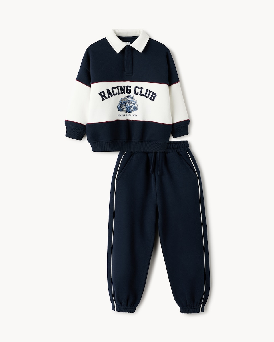 image 1 of F&F Boys Cotton Rich Racing Club Rugby Sweatshirt and Joggers Set in Navy