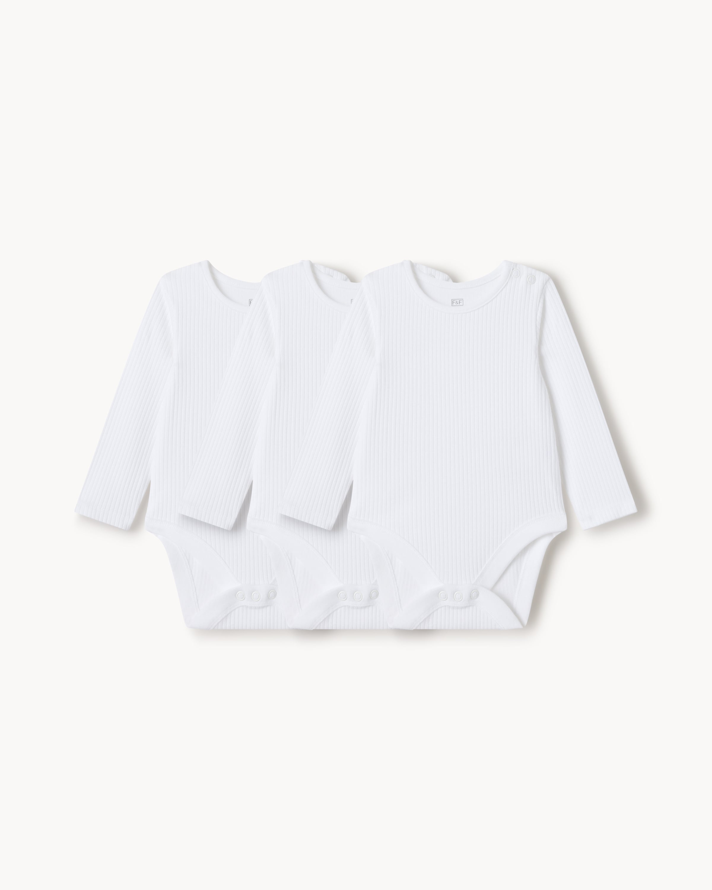 F&F Baby 3-Pack Ribbed Long Sleeved Bodysuits in White