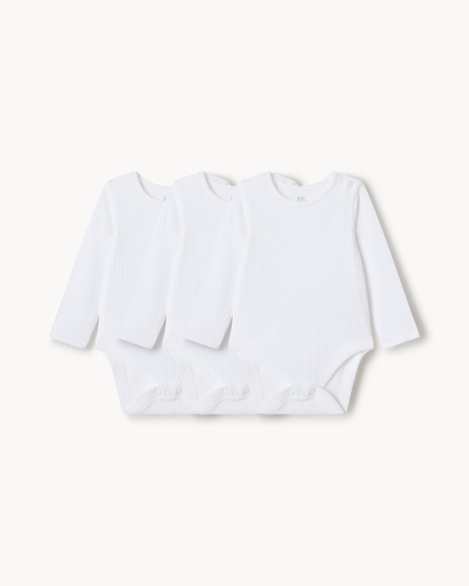 image 1 of F&F Baby 3-Pack Ribbed Long Sleeved Bodysuits in White