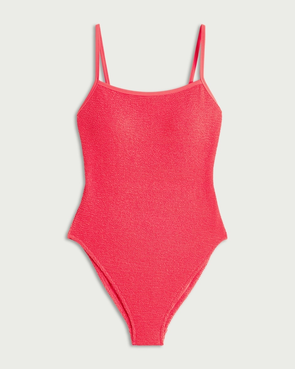 image 1 of F&F Crinkle Textured Thin Strap Swimsuit in Pink