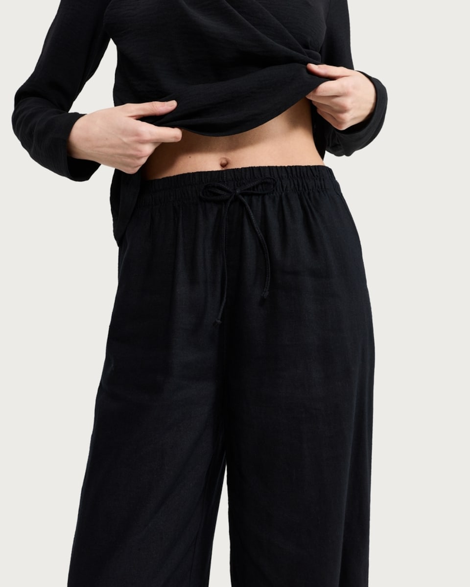 image 1 of F&F Linen Rich Wide Leg Drawstring Trousers in Black