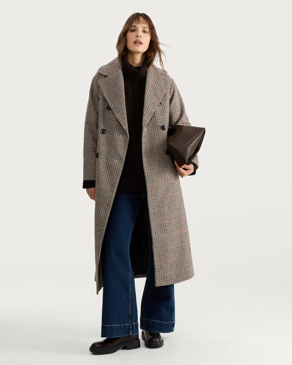 image 1 of F&F Double Breasted Houndstooth Print Coat with Wool in Multi Brown