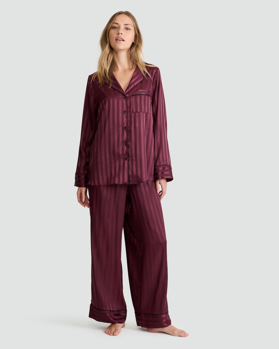 image 1 of F&F CoolEase™ Satin Stripe Print Shirt and Trousers Pyjamas in Purple