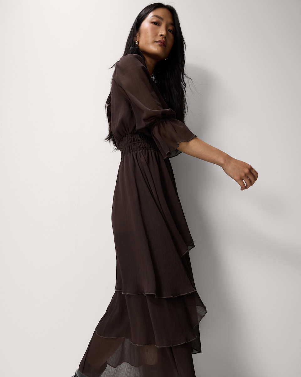 image 1 of F&F Chiffon Tiered Midi Dress in Chocolate