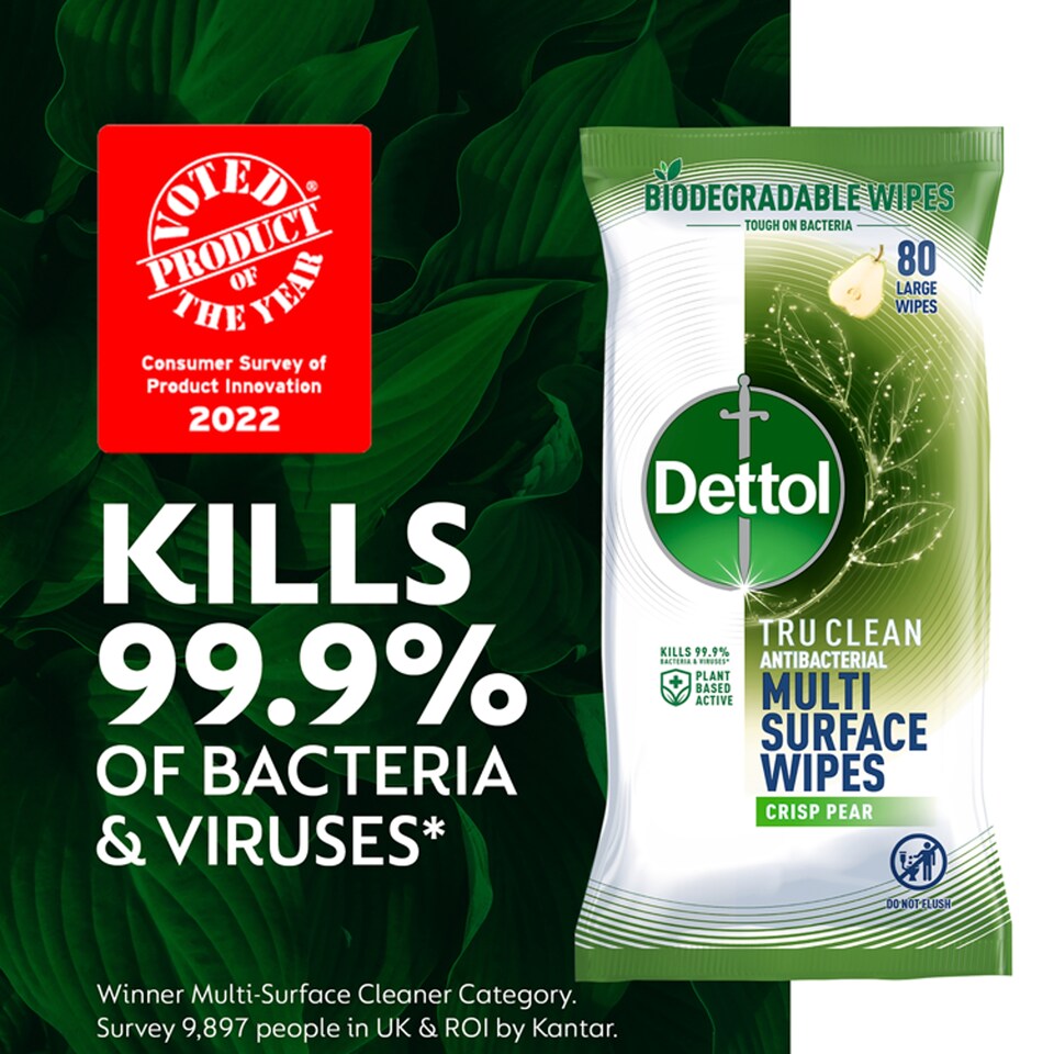 image 1 of Dettol Tru Clean Biodegradable Pear Antibacterial Wipe 80S