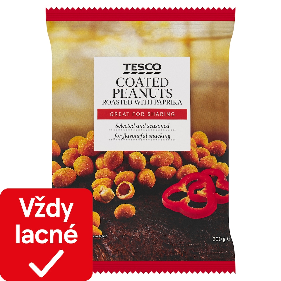 Tesco Pražené lúpané arašidy obalené v cestíčku s paprikovou príchuťou 200 g