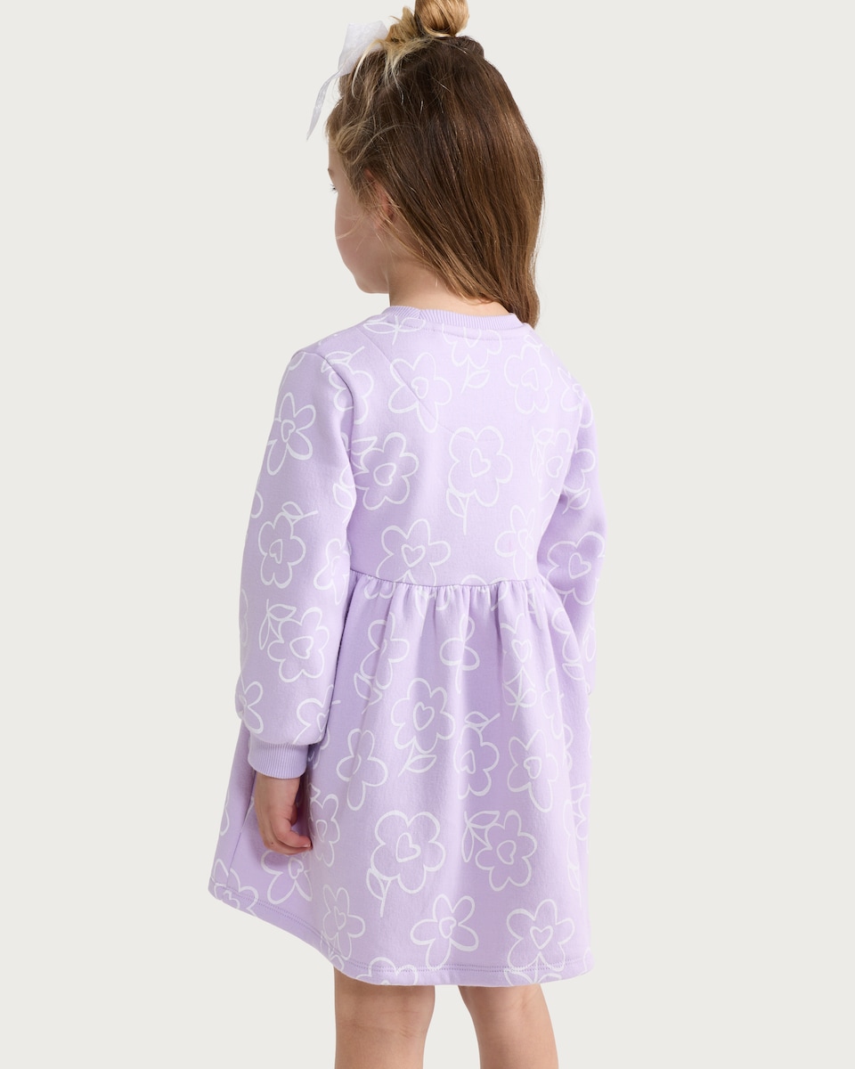 image 1 of F&F Girls Cotton Rich Floral Print Long Sleeved Dress in Multi Purple