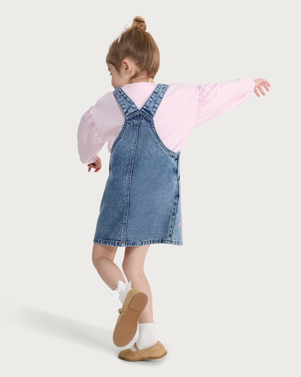 image 1 of F&F Girls 2-Piece Cotton Rich Embroidered Denim Pinafore and Sweatshirt in Blue