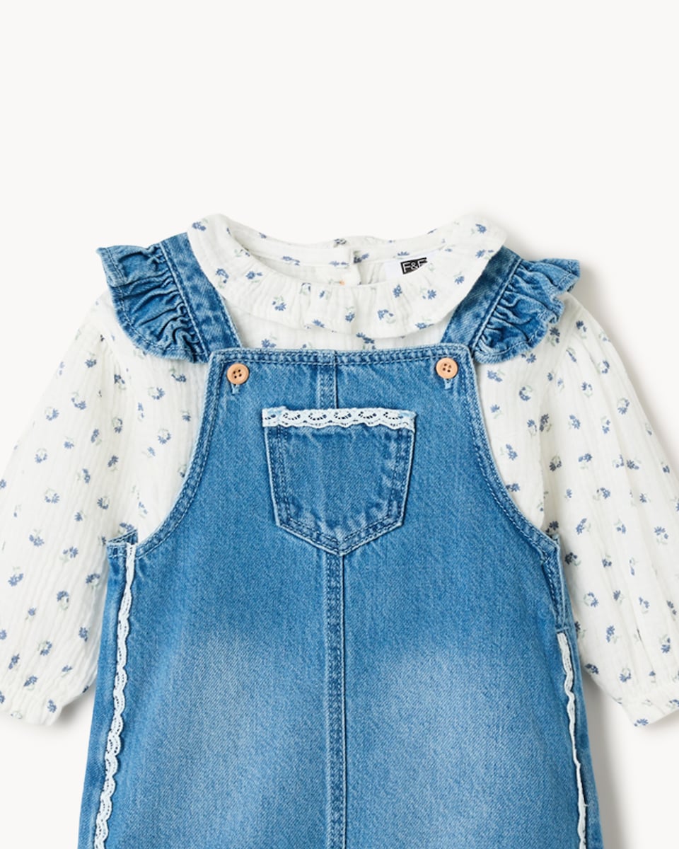 image 1 of F&F Baby Denim Pinny, Bodysuit and Tights Set in Blue