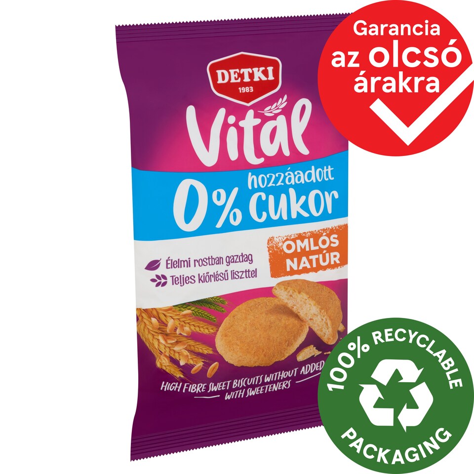 Detki Vital édes omlós natúr keksz hozzáadott cukor nélkül, édesítőszerekkel 180 g