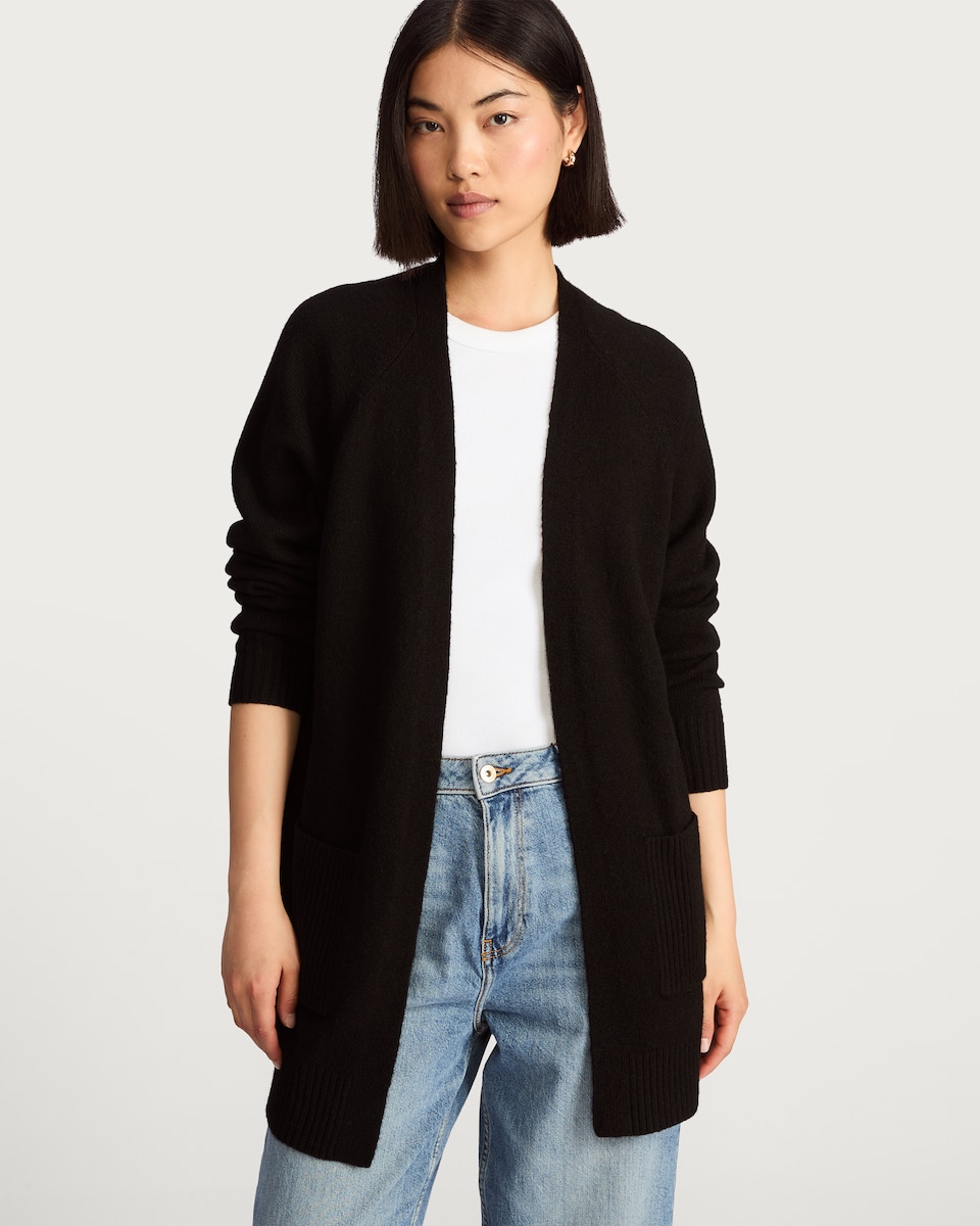 image 1 of F&F Patch Pocket Open Front Cardigan with Wool in Black