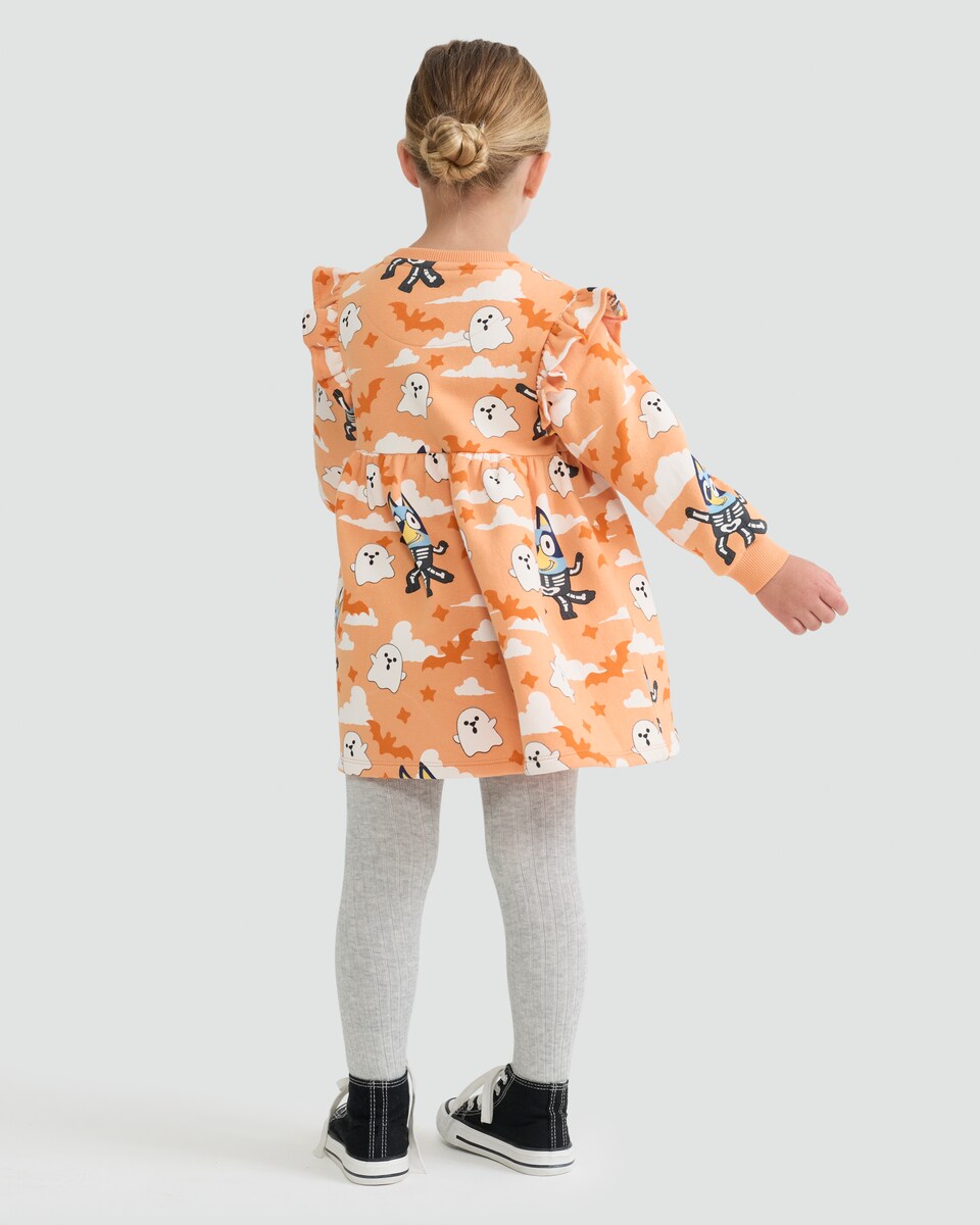 image 1 of Bluey Skeleton Print Cotton Rich Sweater Dress in Orange
