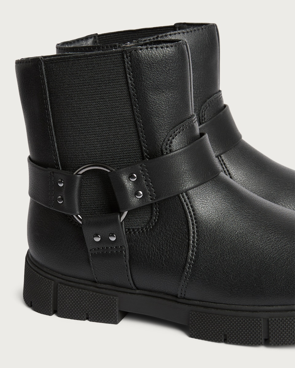 image 1 of F&F Girls Strap Buckle Detail Chunky Ankle Boots in Black