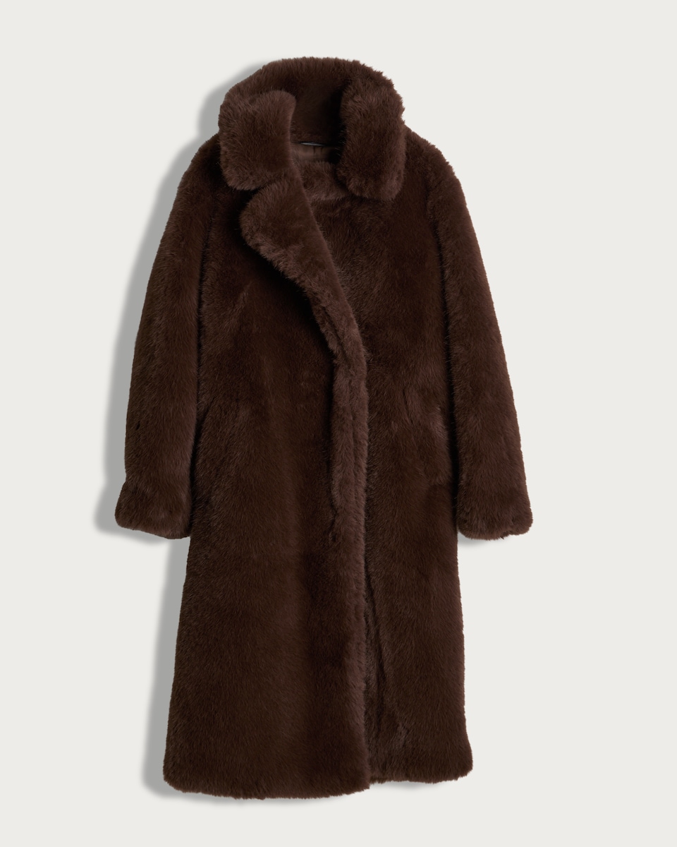 image 1 of F&F Faux Fur Pocket Detail Longline Coat in Brown