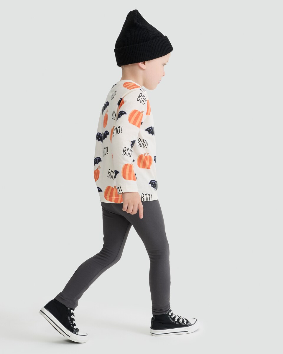 image 1 of F&F Boys Cotton Rich Bat and Pumpkin Print Top and Leggings Set in Cream