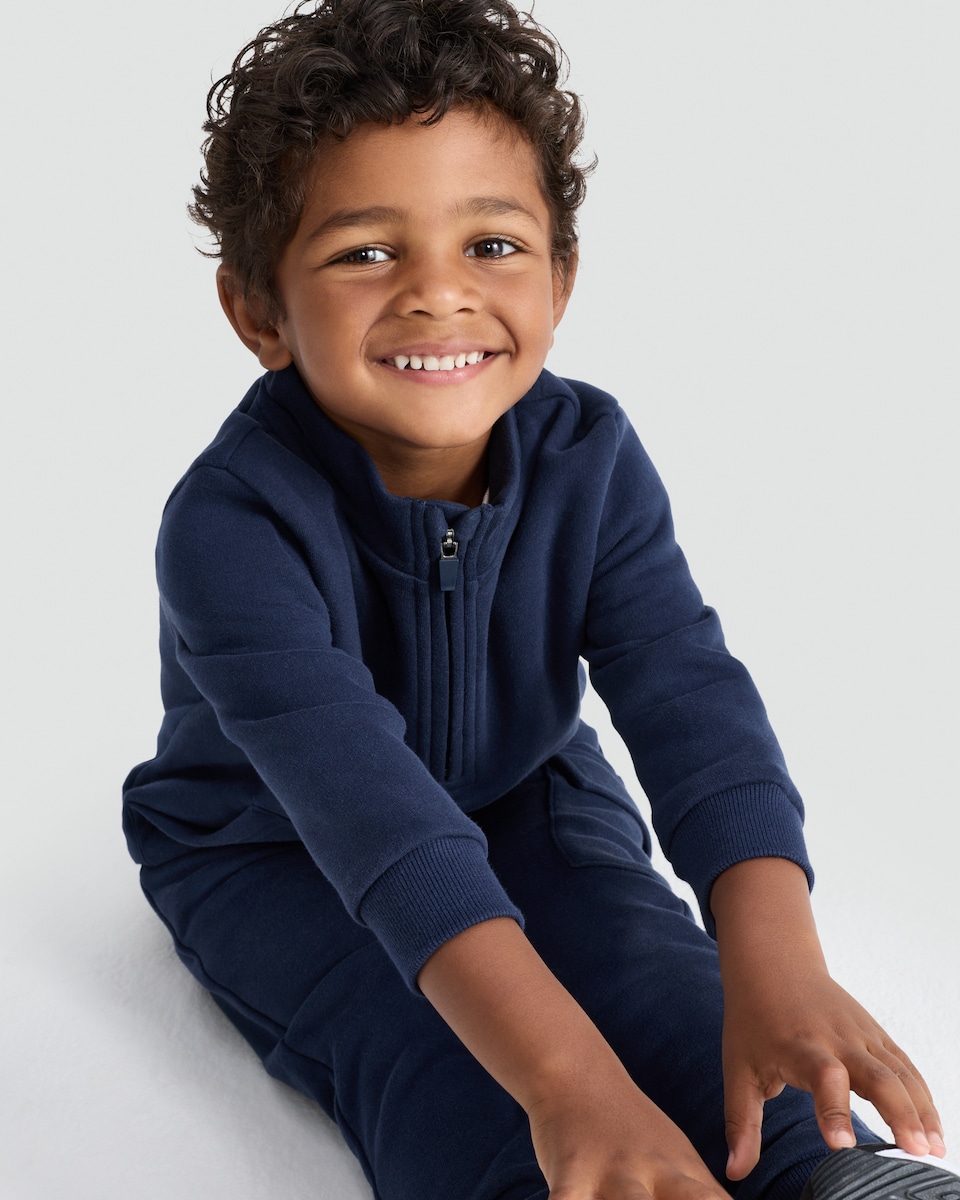 image 1 of F&F Boys Cotton Rich Pocket Front Half Zip Sweatshirt in Blue